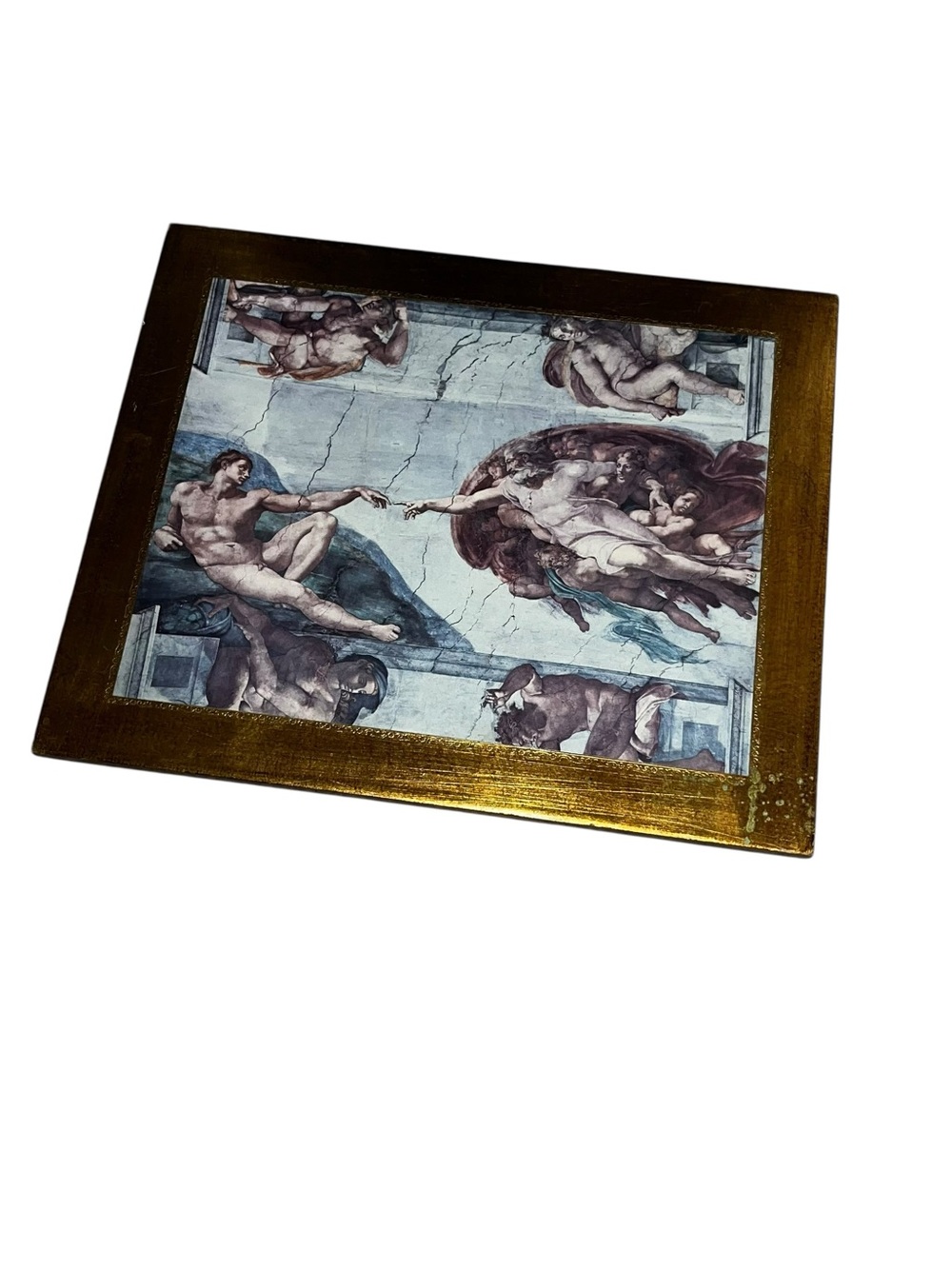 Wood gold foil wall art the creation of adam michelangelo made Italy 15” x 18”